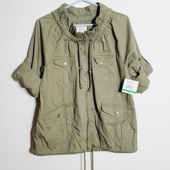 Relativity Womens Olive Green Drawstring Jacket Pockets roll tab sleeves Large - Picture 2 of 7